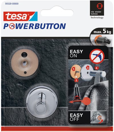 1x Tesa Powerbutton chroom ronde haak large - Klusbenodigdheden - Huishouding - Tesa - Powerbutton - Ophanghaken/ophanghaakjes - Badkamer/keuken haken