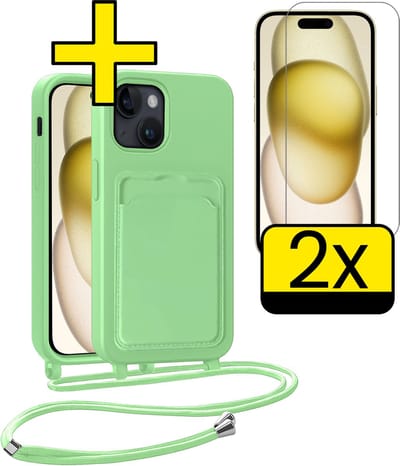 Hoesje Geschikt voor iPhone 15 Plus Telefoonhoesje Met Koord Case Pashouder Met 2x Screenprotector Siliconen - Hoes Geschikt voor iPhone 15 Plus Hoesje Met Kaarthouder - Groen