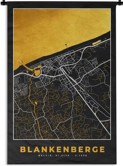 Wandkleed - Wanddoek - Plattegrond - Stadskaart - Blankenberge - Goud - Kaart - 120x180 cm - Wandtapijt