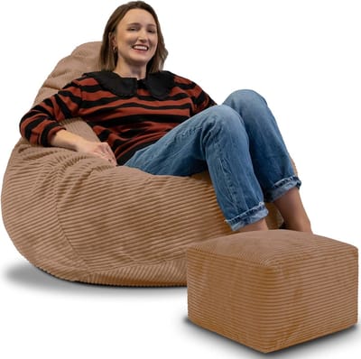 DreamRoots Zitzak voor Volwassenen of Kinderen – Corduroy Beanbag met Voetsteun en Afneembare Hoes – Inclusief Vulling – 90x90x100 cm – Brown Bear