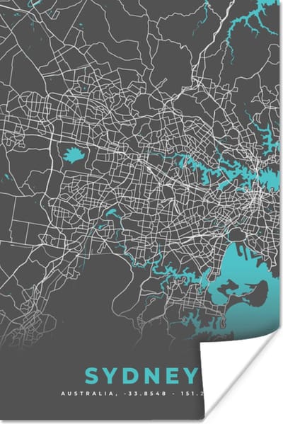 Poster Sydney - Stadskaart - Plattegrond - Blauw - Kaart - 120x180 cm XXL