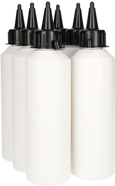 6 x Doseerfles 250 ml wit met Tuitdop zwart - Rond- BPA Vrij - Niet Breekbaar - Plastic Flesjes Navulbaar - Met Dop - Lege Flessen - 6 stuks