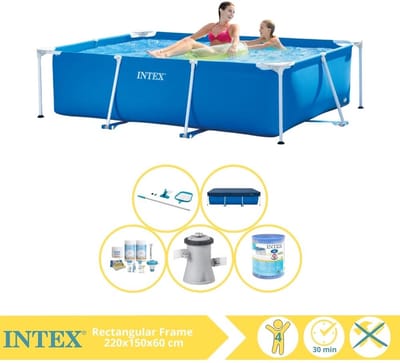 Intex Rechthoekig Frame Zwembad - 220 x 150 x 60 cm - Blauw - Inclusief Afdekzeil - Onderhoudspakket - Zwembadfilterpomp - Filter - Schoonmaakset - 6-delig