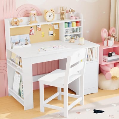 Verstelbare ergonomische kinderbureau en stoelset | Houten studeertafel met opzetkast, kantelbaar blad, opbergkast & boekenplank | Geschikt voor 3–8 jaar | Slaapkamer Studeerkamer | Wit