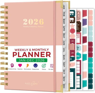 A5 Dagboek 2026 - Week- en Maandplanner met Liniaal, Tabbladen en Stickers - Januari t/m December 2026 - Spiraalbinding - 14,5 x 21 cm
