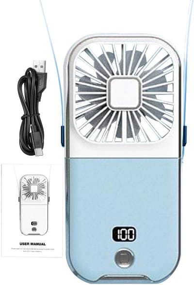 Opvouwbare Persoonlijke Ventilator - 3000 mAh Oplaadbare Handventilator met 7 Bladen - LED-display - Draagbaar Halsventilatiesysteem - 4 Instelbare Luchtdebietniveaus - Compacte Koelventilator voor Buiten en Binnen - Blauw