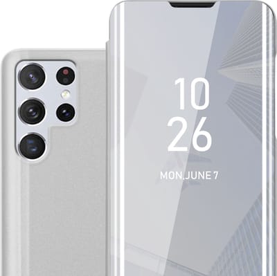 Cadorabo Hoesje geschikt voor Samsung Galaxy S22 ULTRA in AGAAT ZILVER - Clear View Spiegel Beschermende Case met Tribunefunctie 360 Graden Bescherming Book Case Cover Etui