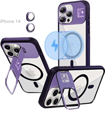 Hoesje voor iPhone 14 met Standaard, Compatibel met MagSafe, Acryl + TPU Case, Hoes ingebouwde Stash Stand-telefoonhoes, Ultradun-Paars