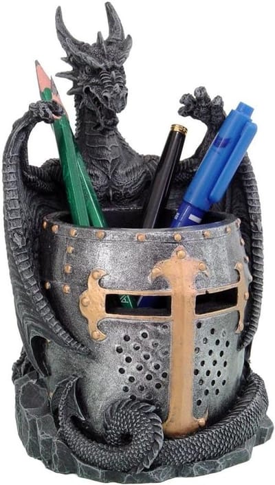 Draken Potloodhouder - Bureau Organizer - Kantoor Organiseren - Handgeschilderd Design - 17 cm Hoog - Grijs