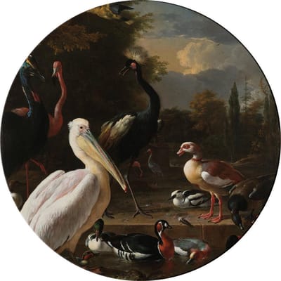 Schilderij Woonkamer - Muurcirkel Het Drijvend Veertje - buiten en binnen - oude meesters - tuindecoratie - Ø 50 cm