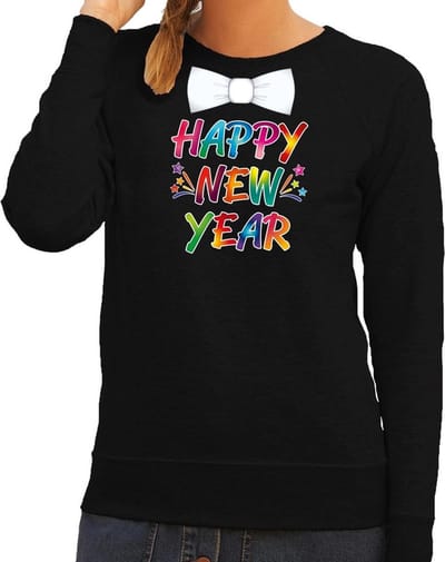 Happy new year sweater / trui met vlinderstrikje voor oud en nieuw voor dames - zwart - Nieuwjaarsborrel kleding XS