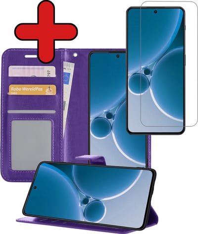 Hoesje - Met Screenprotector - Geschikt voor OnePlus Nord 3 - Luxe Pasjeshouder - Flipcase - Bookcase Portemonee - Flip Case - Kunstleer Book Case - Book Cover - Walletcase - Portemonneehoes - Telefoonhoes - Paars