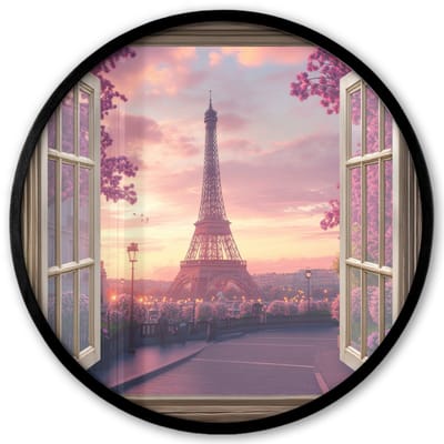 Poster in lijst Rond - Fotolijst 40x40 cm - Posters - Doorkijk - Parijs - Eiffeltoren - Roze - Kersenbloesem - Ronde posterlijst zwart - Decoratie - Wanddecoratie woonkamer - Muurdecoratie slaapkamer
