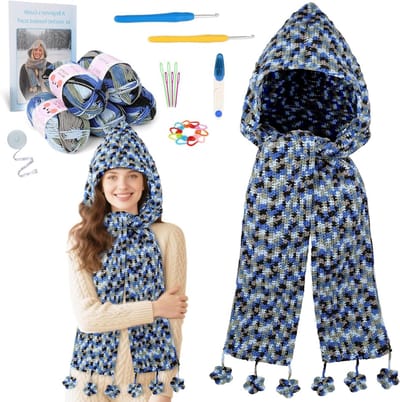 Gehaakte sjaal met capuchon, ideaal voor beginners, blauw, perfect voor de winter en modeaccessoires