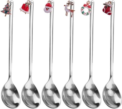 Set van 6 RVS Kerstlepels voor Taart, Dessert en Koffie - Inclusief Kersthangertje voor Tafelversiering