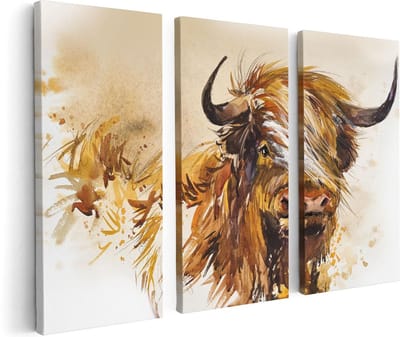 Artaza Canvas Schilderij Drieluik Schotse Hooglander Koe - Abstract - 120x80 cm - Wanddecoratie Woonkamer - Schilderijen - Muurdecoratie
