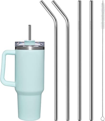4 Stuks RVS Vervangende Rietjes voor 1200ml Bekers - Herbruikbare, Duurzame Rietjes met Schoonmaakborstel en Caps, Perfect voor Avontuurlijke Reizen