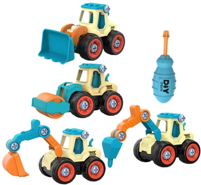 4-delige bouwset met speelgoedauto's - Inclusief afneembare graafmachine - Geschikt voor de hand-oogcoördinatie van kinderen - Inclusief schroevendraaier - Helpt bij de vroege ontwikkeling en coördinatievaardigheden, in vrolijke kleuren
