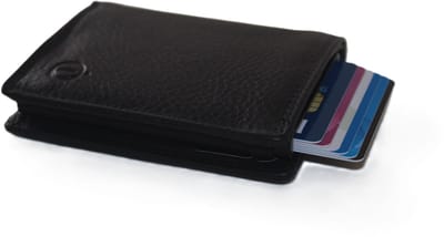 OI zwarte leren portemonnee met Figuretta pasjeshouder zonder ritsje / Compact portemonneetje met Cardprotector zonder muntvak / plat beursje met RFID SAFE kastje / metalen pasjeshouder in anti skim portemonnee / zwart leer / 145N