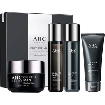 AHC Homme Coffret Cadeau Officiel Soins Visage 4 Pièces, Nettoyant Tonique Émulsion Crème Hydratation Profonde Contrôle du Sébum Kit Visage 140ml+120ml+120ml+30ml marron