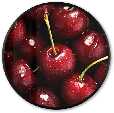 Poster in lijst Rond - Fotolijst 60x60 cm - Posters - Rood - Fruit - Kersen - Ronde posterlijst zwart - Decoratie - Wanddecoratie woonkamer - Muurdecoratie slaapkamer