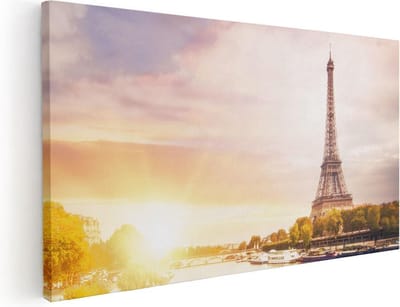 Artaza Canvas Schilderij Parijs - 40x20 cm - Klein - Wanddecoratie Eiffeltoren - Muurdecoratie Zonsondergang - Schilderijen Op Canvas