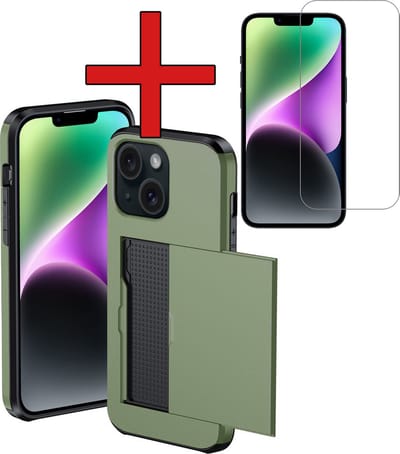 Hoesje Geschikt voor iPhone 14 Hoesje Met Pasjeshouder Hard Case Met Kaarthouder Met Screenprotector - Hoes Geschikt voor iPhone 14 Hoesje Pashouder Case - Donkergroen