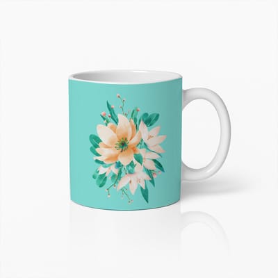Elegante Bloemen Mok 330ml – Zacht Perzik Bloemontwerp op Turquoise Achtergrond – Perfect Cadeau voor Vrouwen, Moeders en Natuurliefhebbers