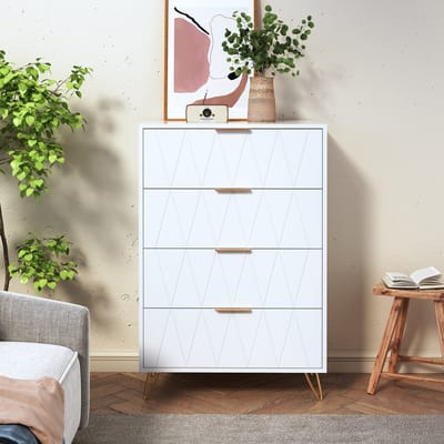 Ladekast met 4 Lades Wit – Scandinavische Commode met Gouden Handgrepen & Metalen Poten – Opbergkast voor Slaapkamer – MDF – 60x34x90 cm