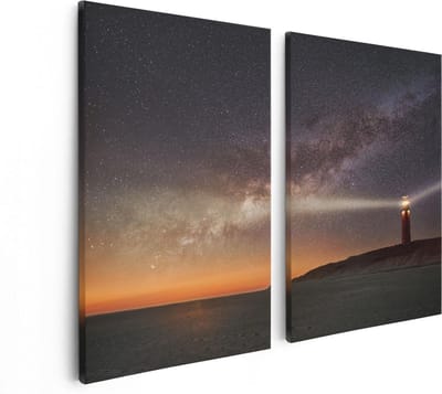 Artaza Canvas Schilderij Tweeluik Vuurtoren Texel in de Nacht  - 80x60 - Foto Op Canvas - Canvas Print