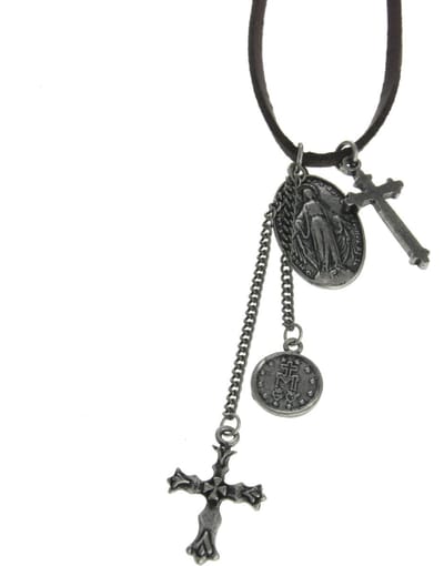 Behave Lange ketting imitatieleer met religieuze hangers – Nikkelvrije modeketting