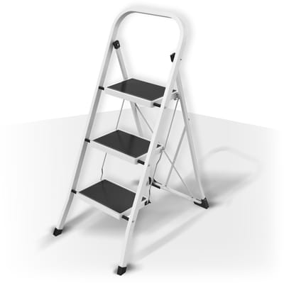MSV Opvouwbare trap - Opstapkruk 3 treden - tot 150kg Belastbaar - Antislip - GS Gecertificeerd - Staal - 46x71x104cm - Zwart / Wit