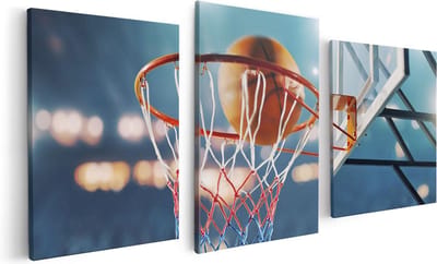 Artaza Canvas Schilderij Drieluik Basketbal in Ring - Hoepel - Bord - 120x60 - Foto Op Canvas - Canvas Print
