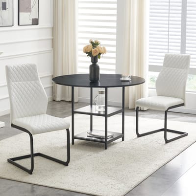 Eettafelset - Ronde Tafel Met 2 Stoelen - Dubbele Opbergruimte - Voor Eethoek En Appartement - Hout Metaal En PU Leer - Zwart Wit