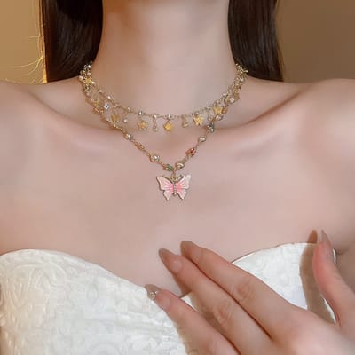 Sieradenset / Ronde ketting met vlinderhanger en meerdere lagen