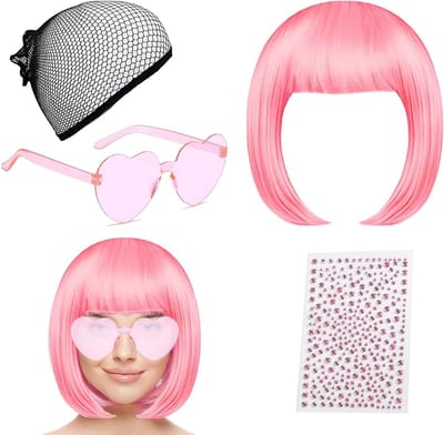 Dailygoods - roze pruik dames kort bob model met accessoires – 4-delige set inclusief bril, haarnet, stickers – synthetisch haar voor cosplay feest dagelijks gebruik