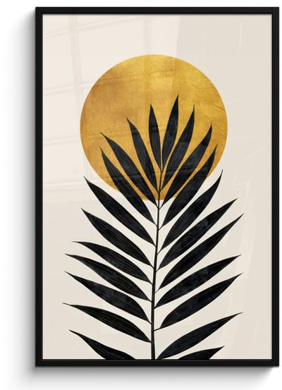 Poster in lijst - Fotolijst 80x120 cm - Posters - Zwart palmblad - Gouden cirkel - Beige achtergrond - Posterlijst zwart - Decoratie - Wanddecoratie woonkamer - Muurdecoratie slaapkamer