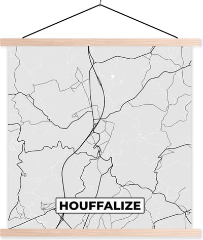 Posterhanger incl. Poster 40x40 cm - Schoolplaat - Zwart Wit – België – Plattegrond – Stadskaart – Kaart – Houffalize - Textielposter - Blanke latten - Stadskaart