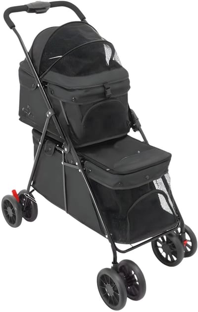 Dierenbuggy – Voor Kleine en Middelgrote Huisdieren – Opvouwbaar met 2 Draagmanden en 4 Wielen – Zwart, Metaal/Kunststof