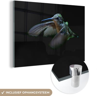MuchoWow® Glasschilderij 120x80 cm - Schilderij acrylglas - Kolibrie - Vogel - Veren - Zwart - Foto op glas - Schilderijen