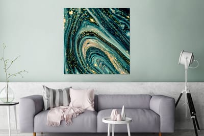 Wanddecoratie Metaal - Aluminium Schilderij Industrieel - Marmerlook - Luxe - Goud - Turquoise - Glitter - 90x90 cm - Dibond - Foto op aluminium - Industriële muurdecoratie - Voor de woonkamer/slaapkamer