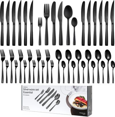 Deleca 6 Persoons Bestekset Essential (36-delig) - Lepels, Messen, Vorken, Steakmessen & Gebaksvorkjes - Vaatwasserbestendig Bestek - Glanzend Zwart / Edelstaal