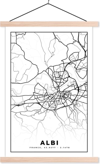 Posterhanger incl. Poster 40x60 cm - Schoolplaat - Stadskaart - Frankrijk - Kaart - Plattegrond - Albi - Zwart wit - Textielposter - Blanke latten - Stadskaart