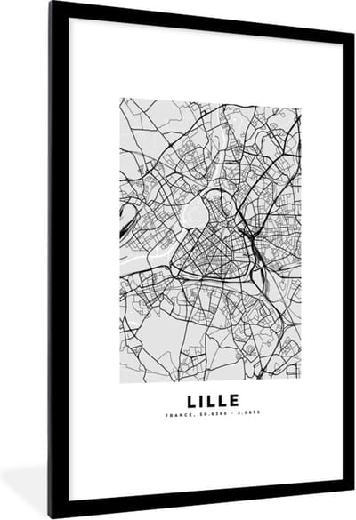 Fotolijst incl. Poster - Plattegrond - Lille - Stadskaart - Kaart - Frankrijk - 80x120 cm - Posterlijst