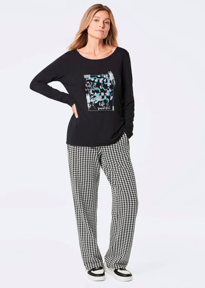 Shirt met lange mouwen en glitterprint - zwart / gedess. - Gr. 38 van Goldner Fashion