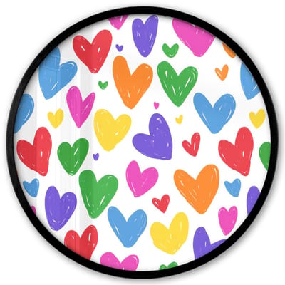 Poster in lijst Rond - Fotolijst 40x40 cm - Posters - Hartjes - Patroon - Kleurrijk - Tekening - Ronde posterlijst zwart - Decoratie - Wanddecoratie woonkamer - Muurdecoratie slaapkamer