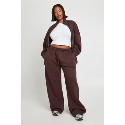 boohoo Dames Plus Dubbele Rits Col Sweatshirt Trainingspak | Chocolate | Maat: 18