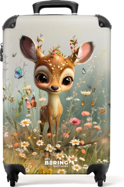 NoBoringSuitcases.com® - Kinderkoffer - Kindertrolley - Jong hertje in kleurrijke bloemenweide - Handbagage koffer lichtgewicht - Reiskoffer trolley - Rolkoffer met wieltjes - Past binnen 55x40x20 en 55x35x25