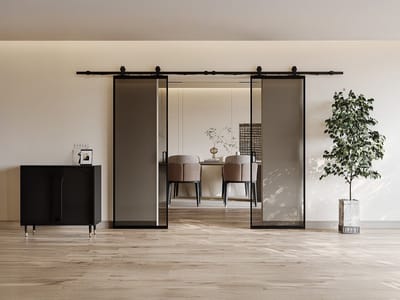Vente-unique Dubbele schuifdeur met ophangsysteem - Aluminium en gerookt gehard glas - 2 x H205 x B73 cm - LINCI II