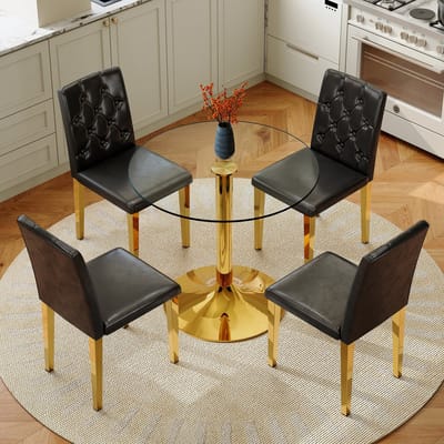 MODENUIT Eetkamerset 85 cm - Ronde Tafel Van Gehard Glas Met Gouden Metaalbasis - 4 Stoelen - Voor Eetkamer - Glas - Zwart Goud